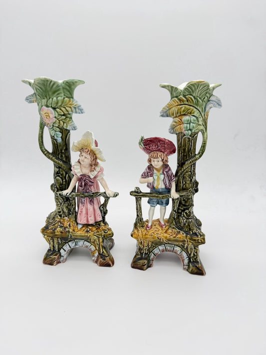 Antique Brothers Urbach Teplitz Bohemian Austrian Majolica Boy Girl Vase 11”