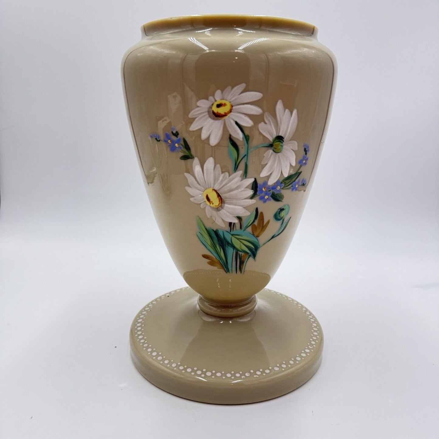 Antique Victorian Bristol Art Glass Hand Painted Daisies Footed Large Vase 11”