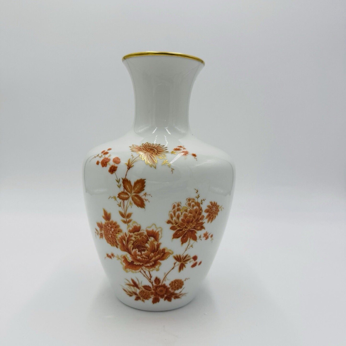 Rare Kaiser Germany Porcelain Floral Burgund Bud Vase 8.5”H Vintage Gold Rim