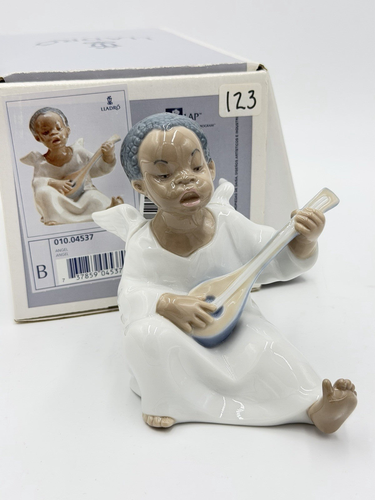 Lladro Spain Porcelain Angel Playing Mandolin Seated Boy Figurine NIB Retired Vt