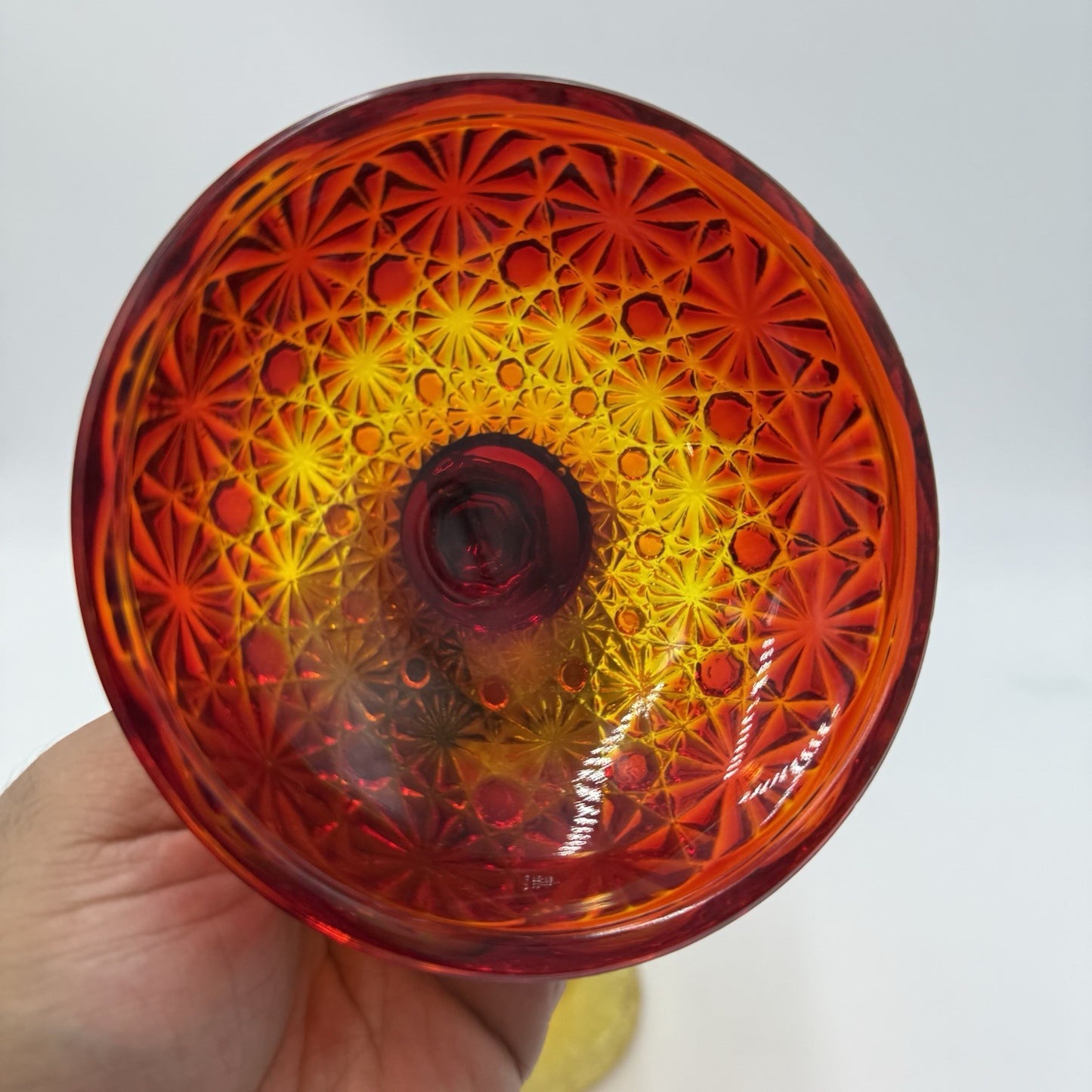Vintage L.G Wright Daisy & Button Amberina  compote candy dish 7.5” Art Glass