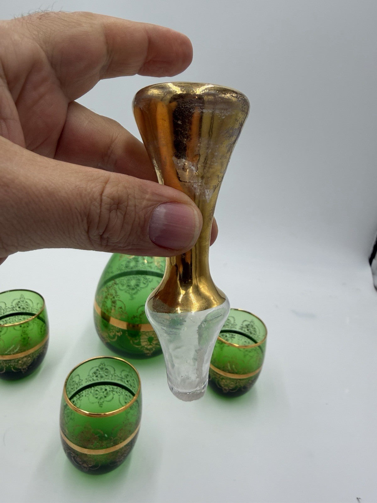 Vintage Murano Art Glass Italy Ferro & Lazzarini Decanter Set Green Emerald 4 Pc