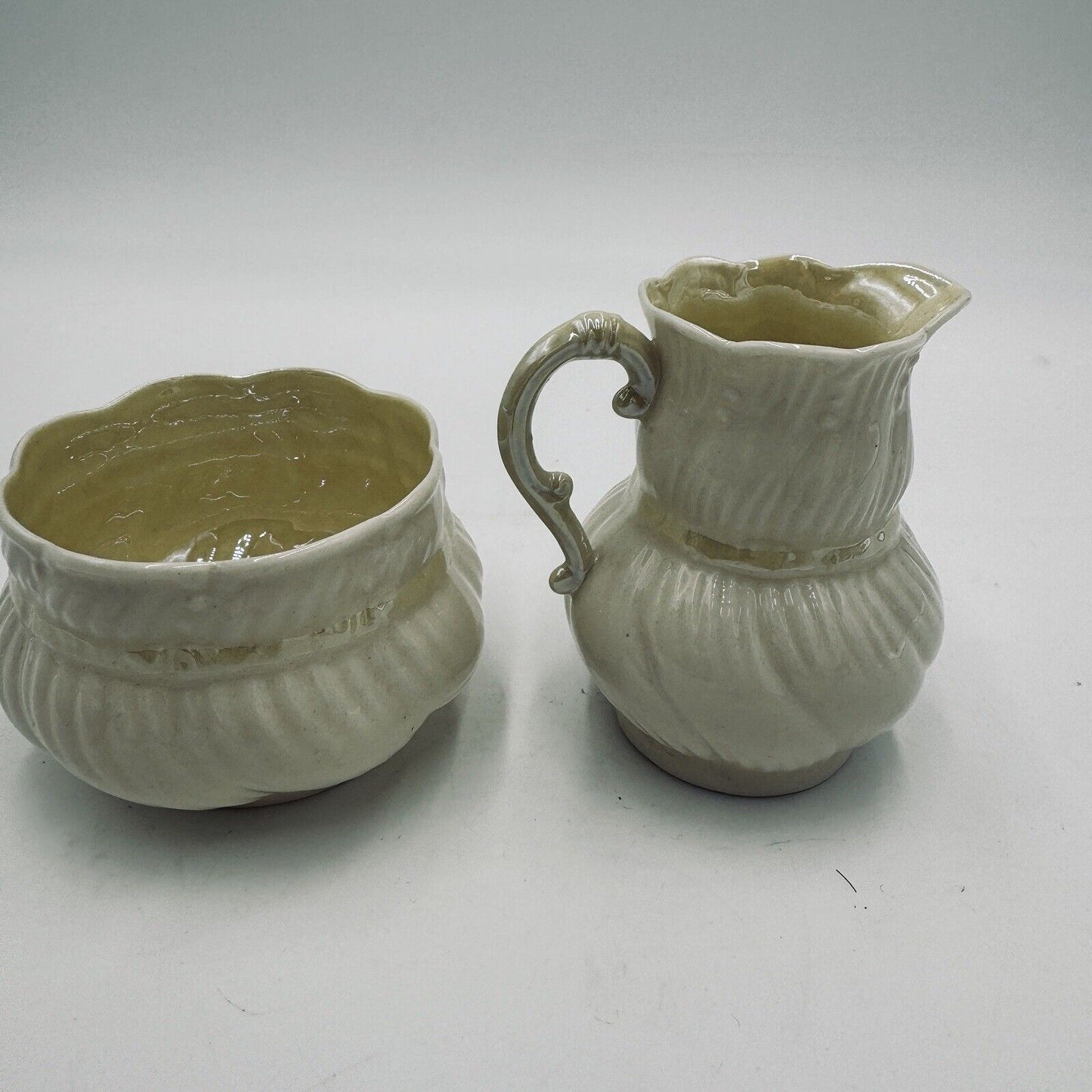 Belleek Yellow Ribbon Lustre Open Sugar & Creamer circa 1965 6th Green Porcelain