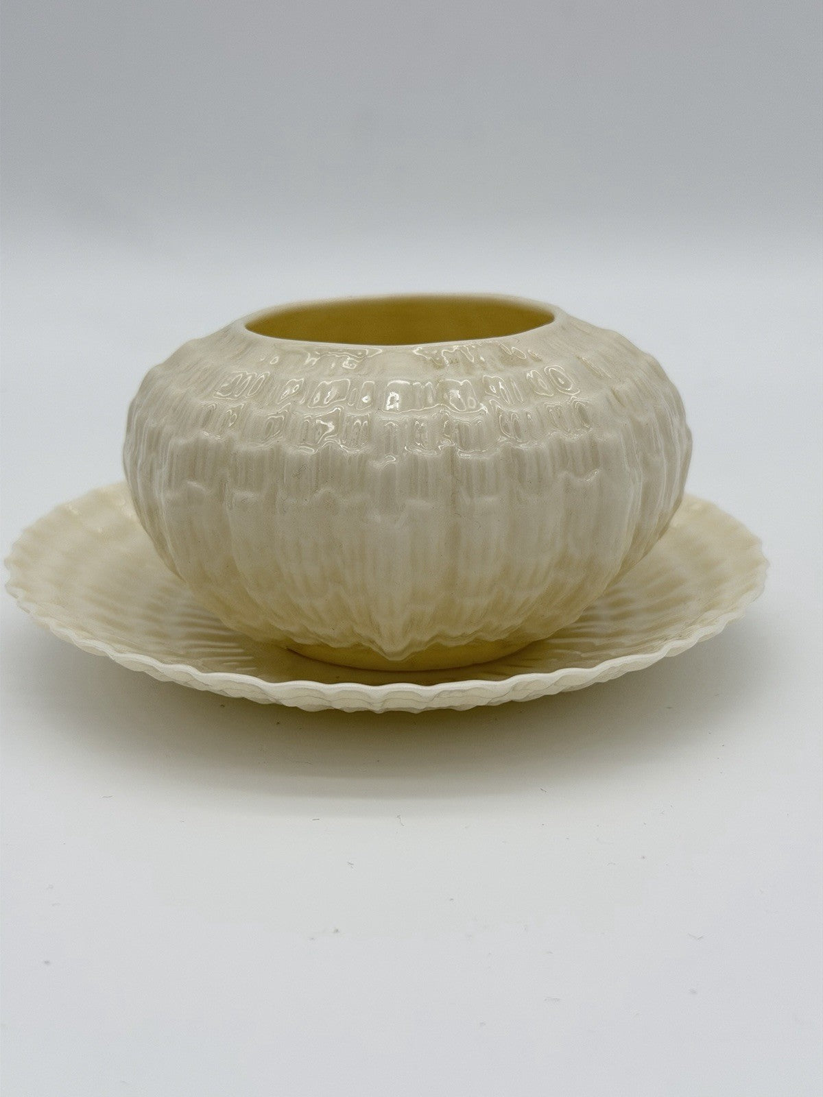 Belleek Ireland Tridacna Open Sugar Bowl & Saucer Sea Shell Porcelain Set 2 PCs