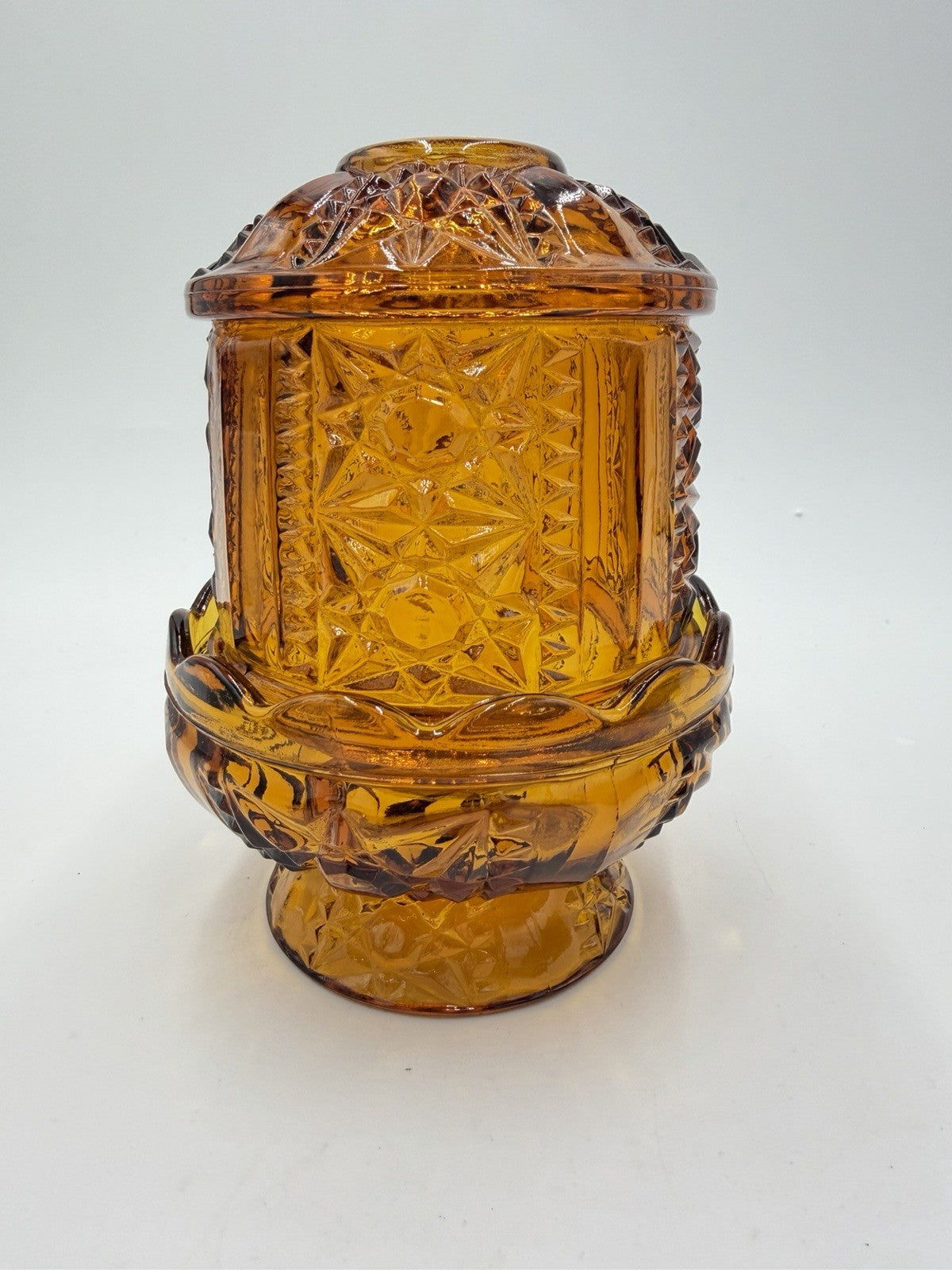 Vintage Indiana Art Glass Amber Stars & Bars Fairy Lamp Candle Holder Votive 7”