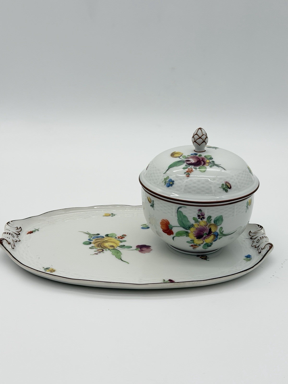 Antique Nymphenburg Porcelain Floral Sugar Bowl & Tray Basket Weave Set 2 PCs