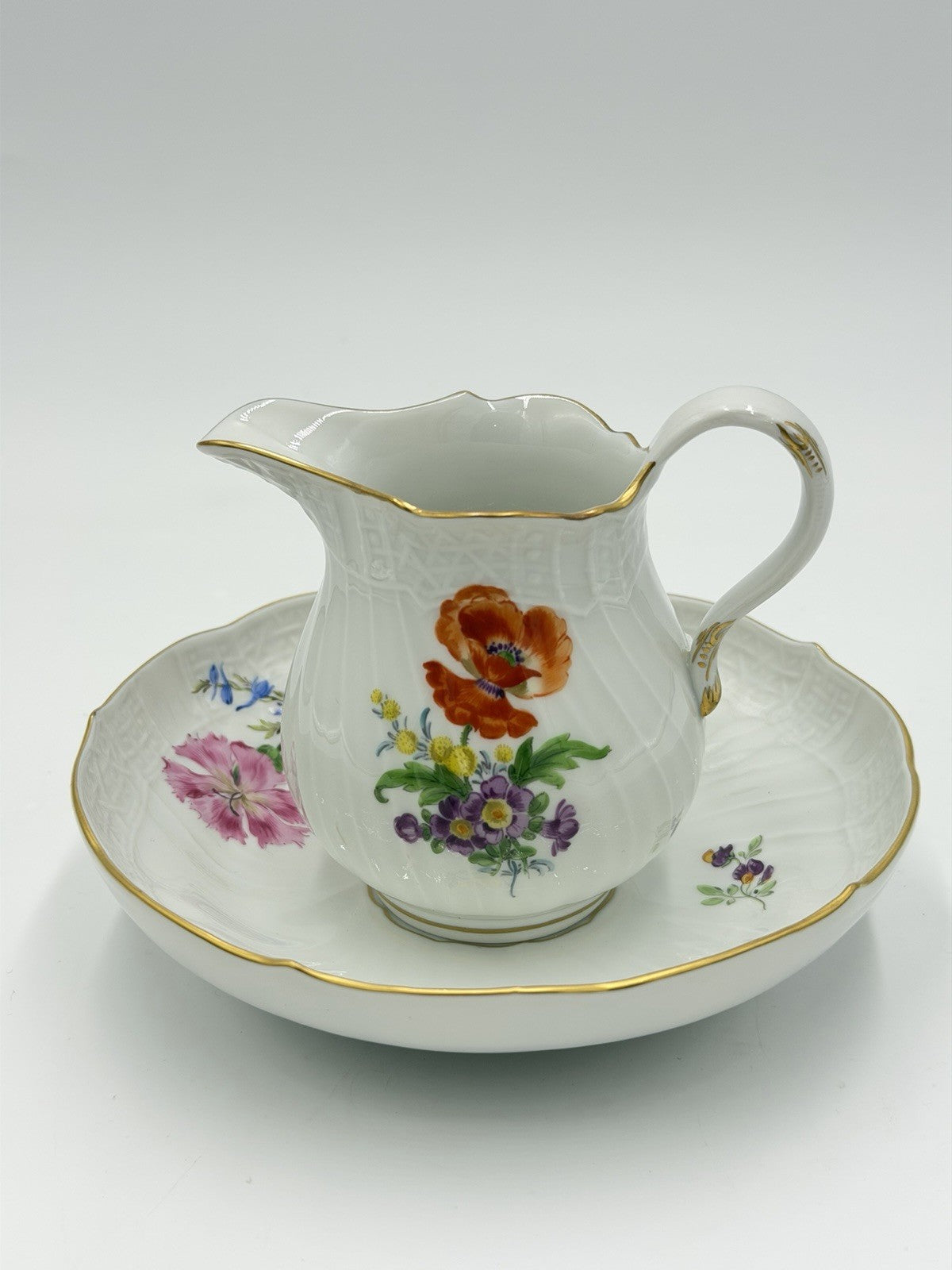 Antique Meissen Neubrandenstein Germany Porcelain Creamer & Saucer Set Floral