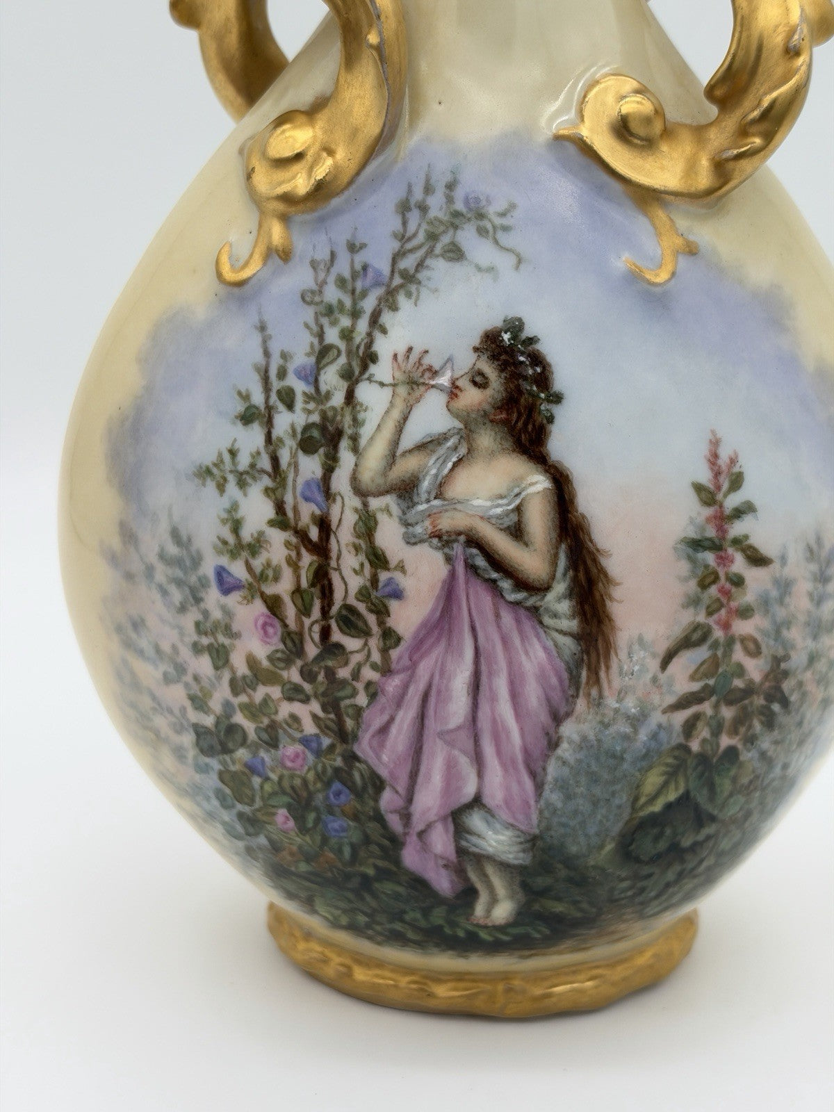 Antique Elite Limoges France Jean Pouyat C.1900 Porcelain 10” Handled Gold Vase