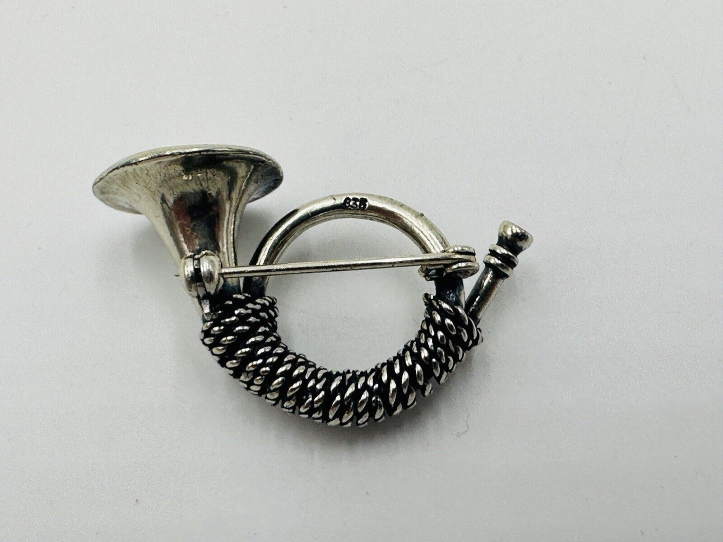 French Horn Pin Brooch Solid Sterling Silver Christmas Rare 925 Vintage