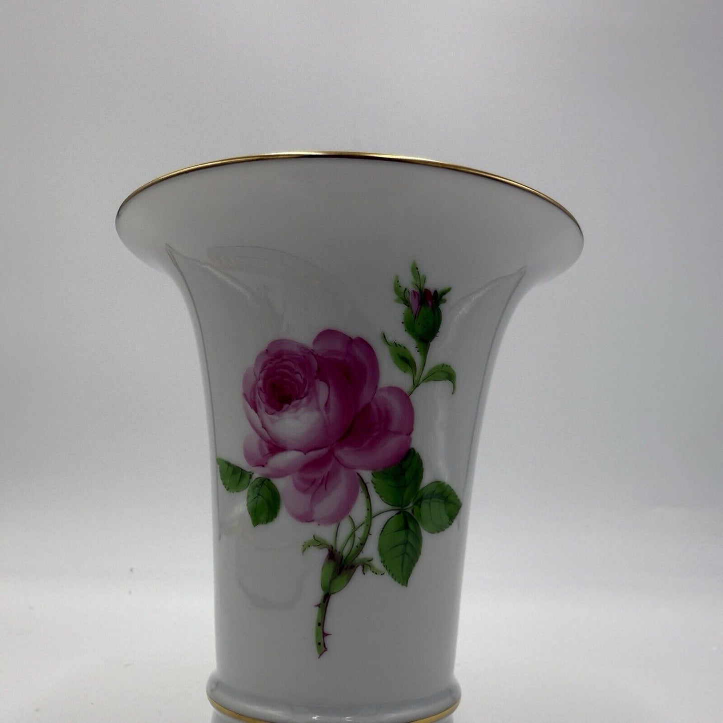 Antique Meissen Vase Pink Rose Trumpet Shaped Painted 5.5” Gold Rim Porcelain