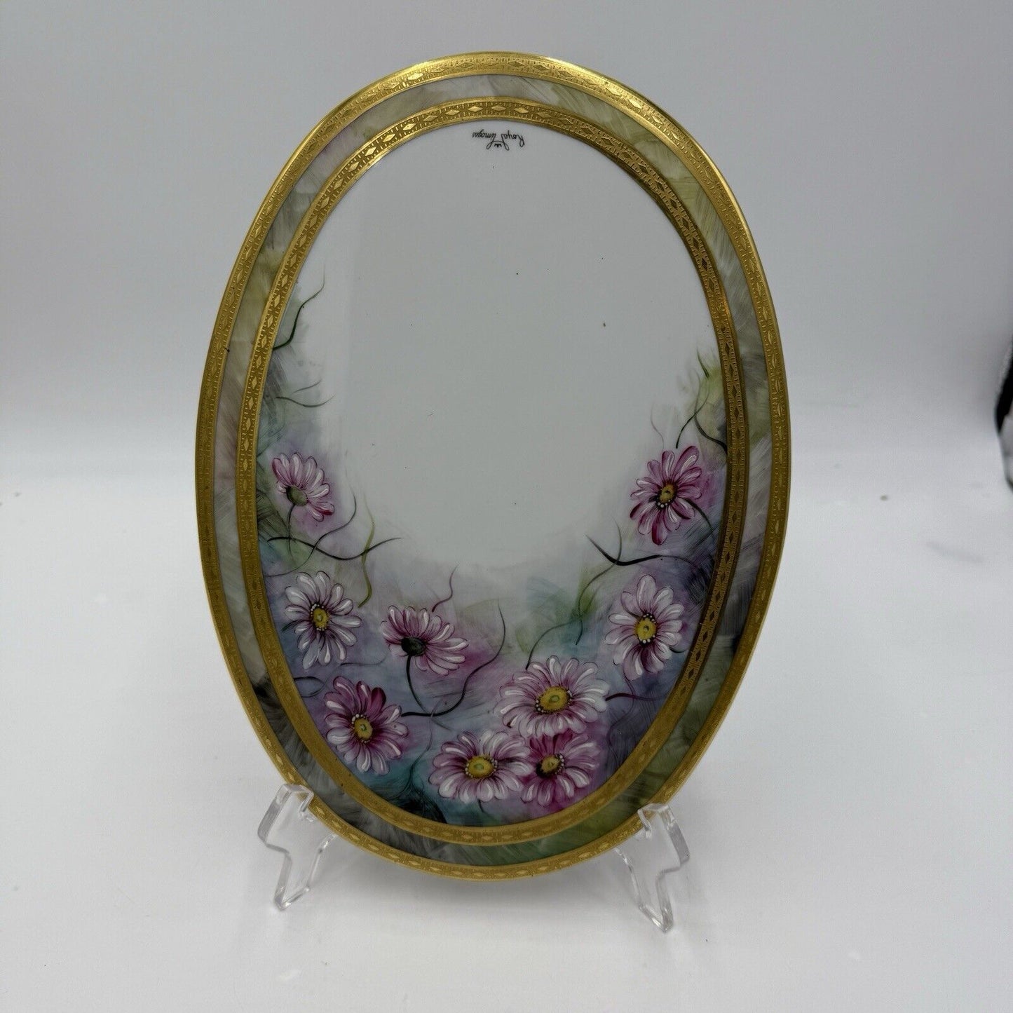 Royal Limoges France Painted Oval Floral Plaque Pink Gold Rim 12”x9” Porcelain