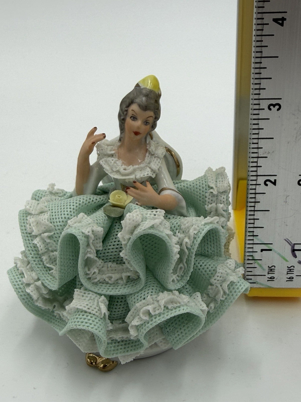 Vtg Dresden Germany Porcelain Victorian Lady Seated Green Lace Dress Figurine 3”