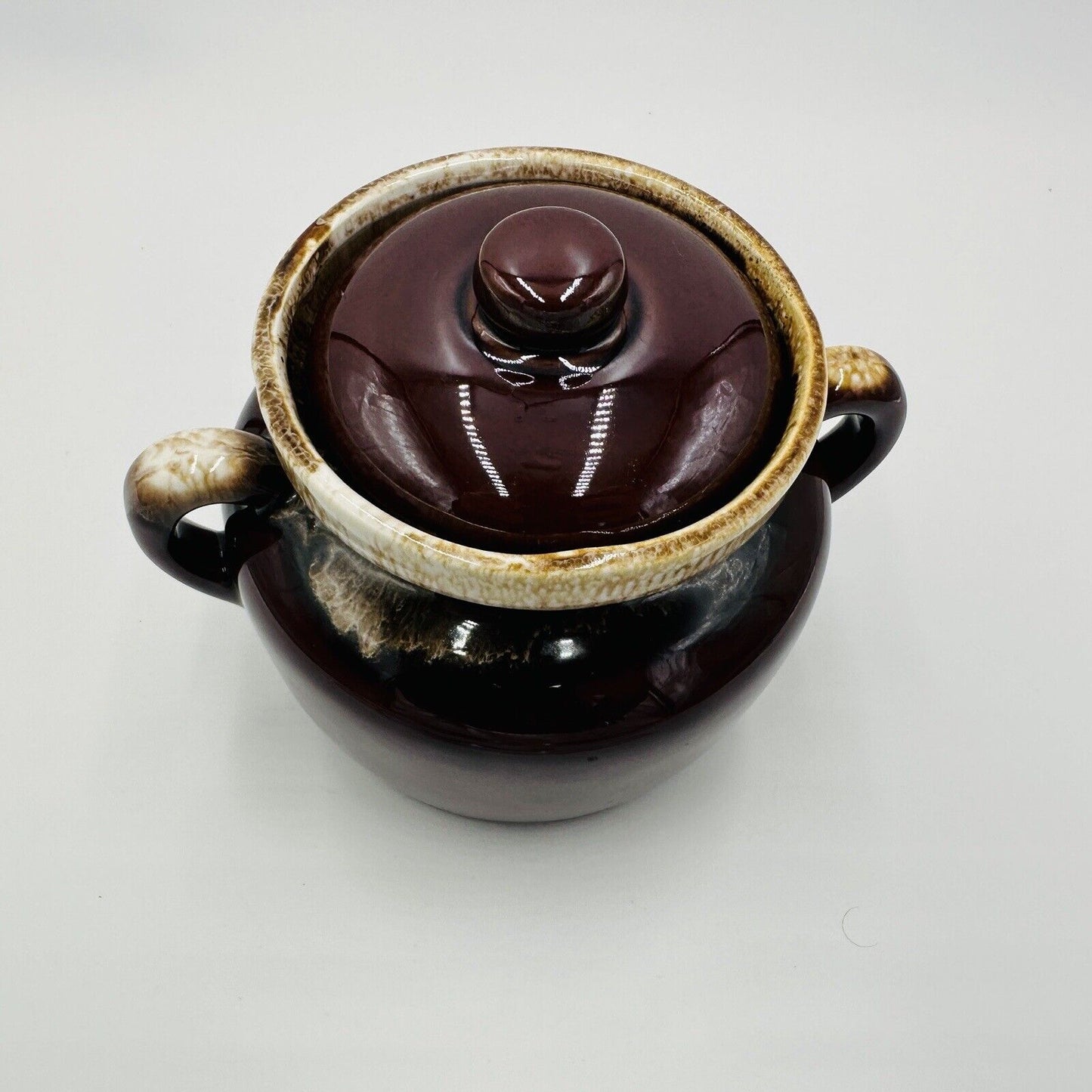 McCoy Pottery Bean Pot Brown Drip Glaze Lidded Handled #341 Vintage USA