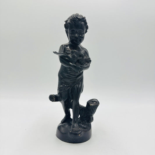 Bronze Sculpture Girl Holding Pigeons 10in Solid Vintage Home Decor Figural