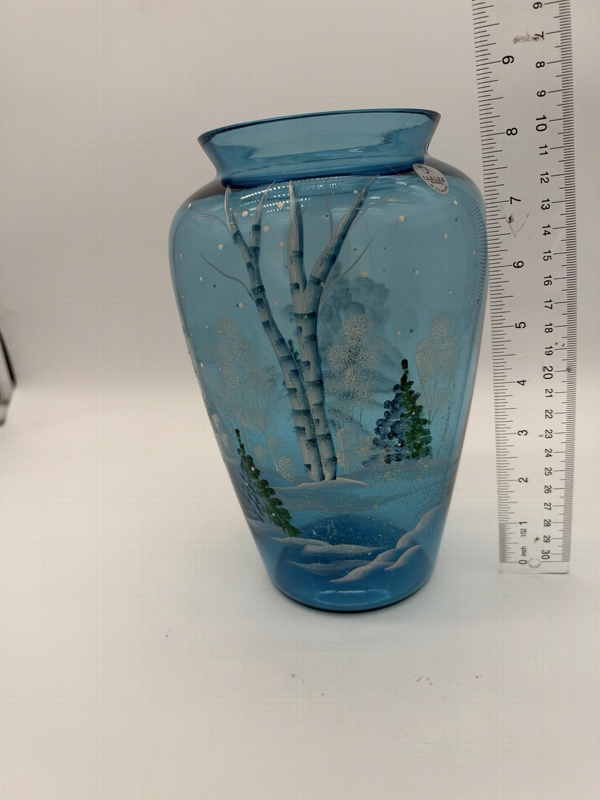 Fenton Art Glass Quality Blue Hand Painted Winter Christmas Scene Vase 8.5”H