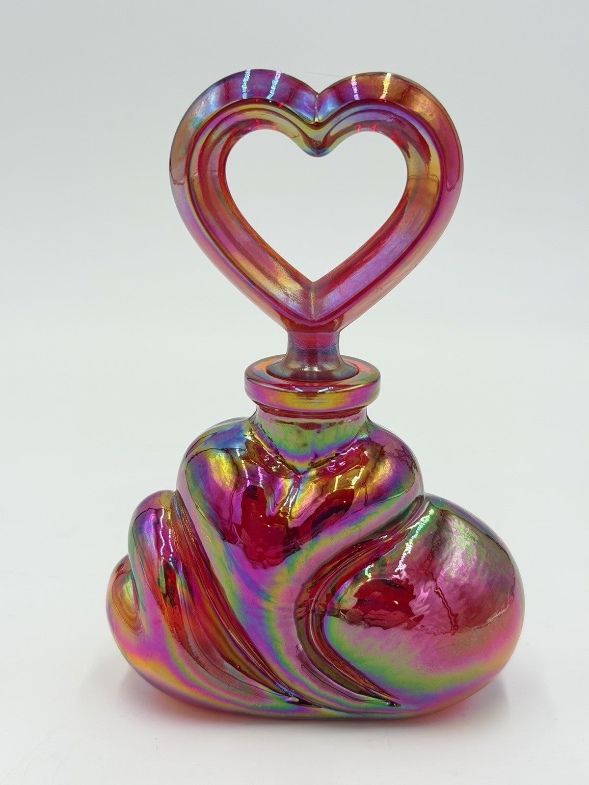Fenton QVC Ruby Red Carnival Glass Perfume Bottle Heart Topper HP Flowers Signed