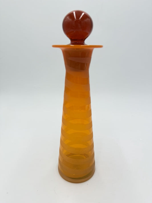 Vintage Blenko ? Art Glass Orange Tangerine Swirl Stripped Vase W/Lid Rare 10”H