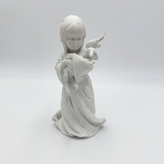 Vintage AK Kaiser White Bisque Porcelain Figurine Angel & Lamb Germany 8”# 722