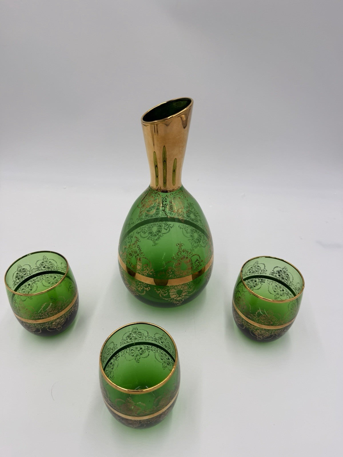 Vintage Murano Art Glass Italy Ferro & Lazzarini Decanter Set Green Emerald 4 Pc