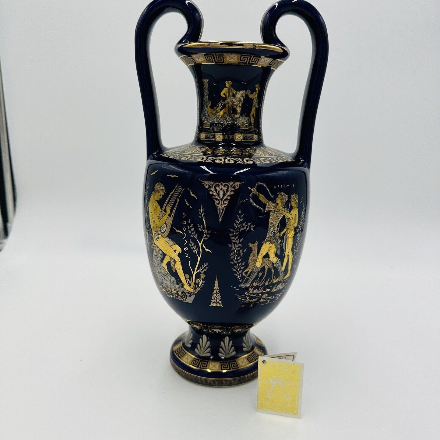 Cobalt Vase Art Pottery Amphora Daphne Artemis Apollo & Auletris Ancient Greek