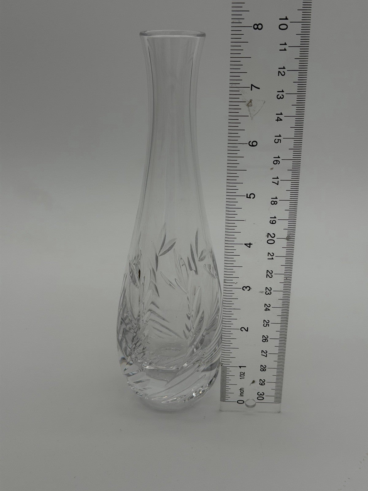 Tiffany & Co Crystal Merion Pattern Etched 8"H Bud Vase Clear Leaves Feathers