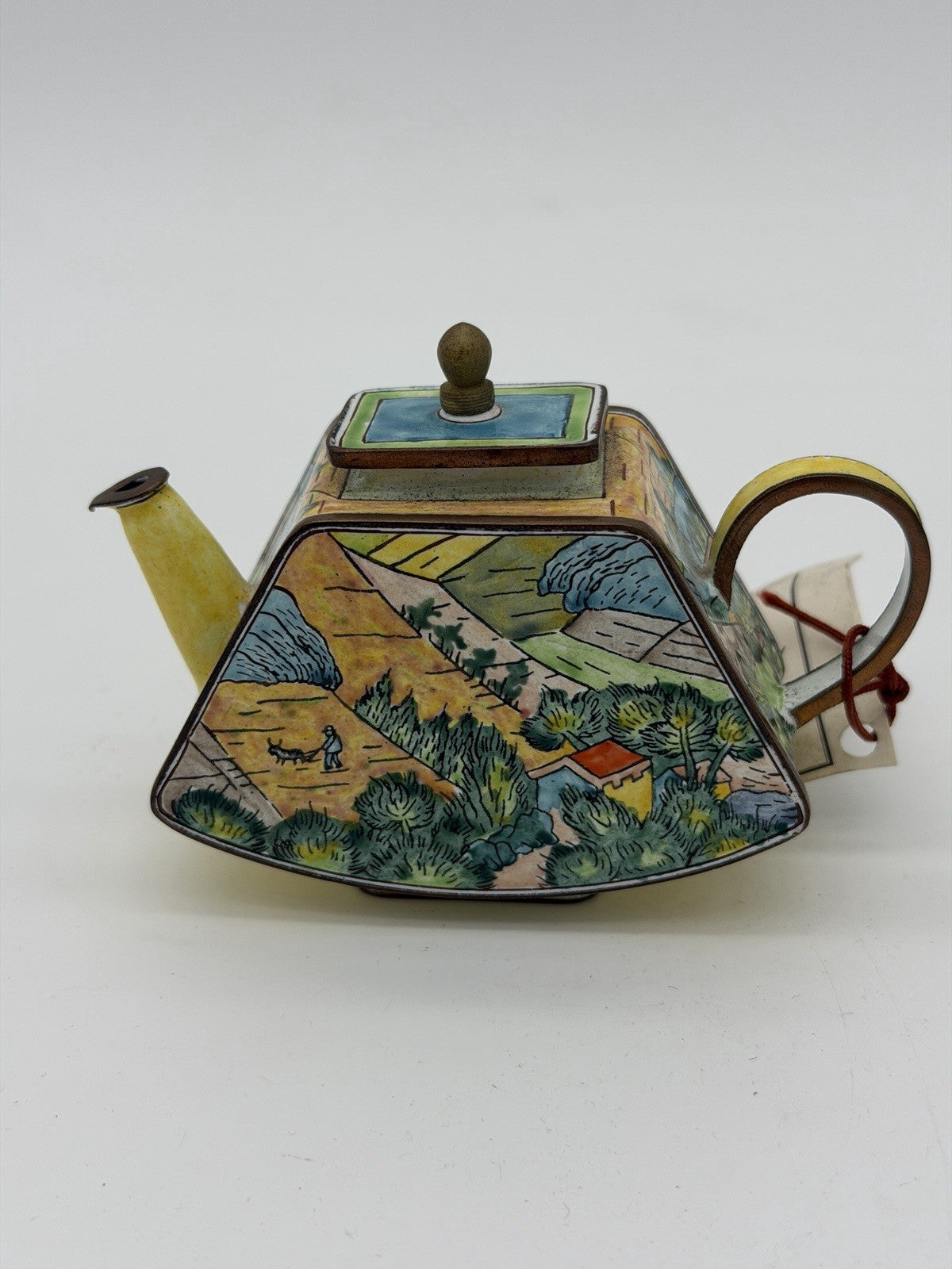 Kevin Chen Hand Painted LANDSCAPE W/ PLOUGHMAN ENAMEL #382 Miniature Teapot COA