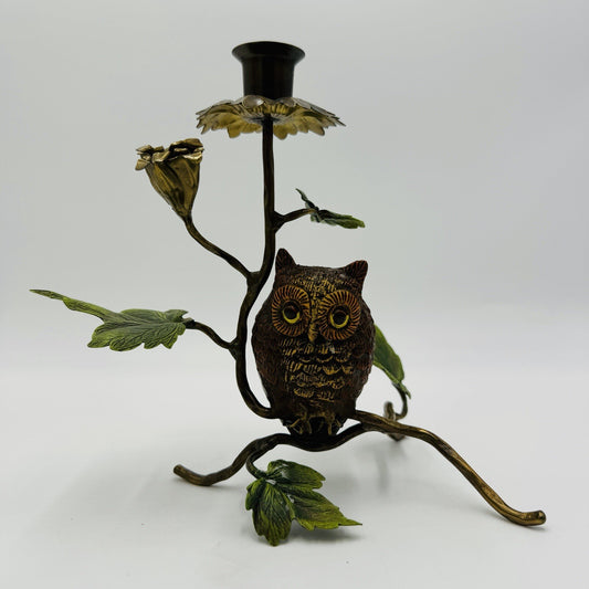 Owl Candlestick Solid Metal 6in Leafs Mid Century Modern Painted