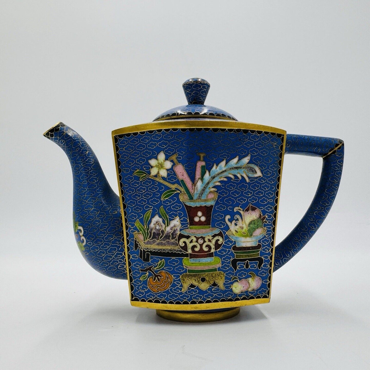 Antique cloisonne enamel teapot 19th C. Qing dynasty Brass Lidded W:7-1/2" H:6"