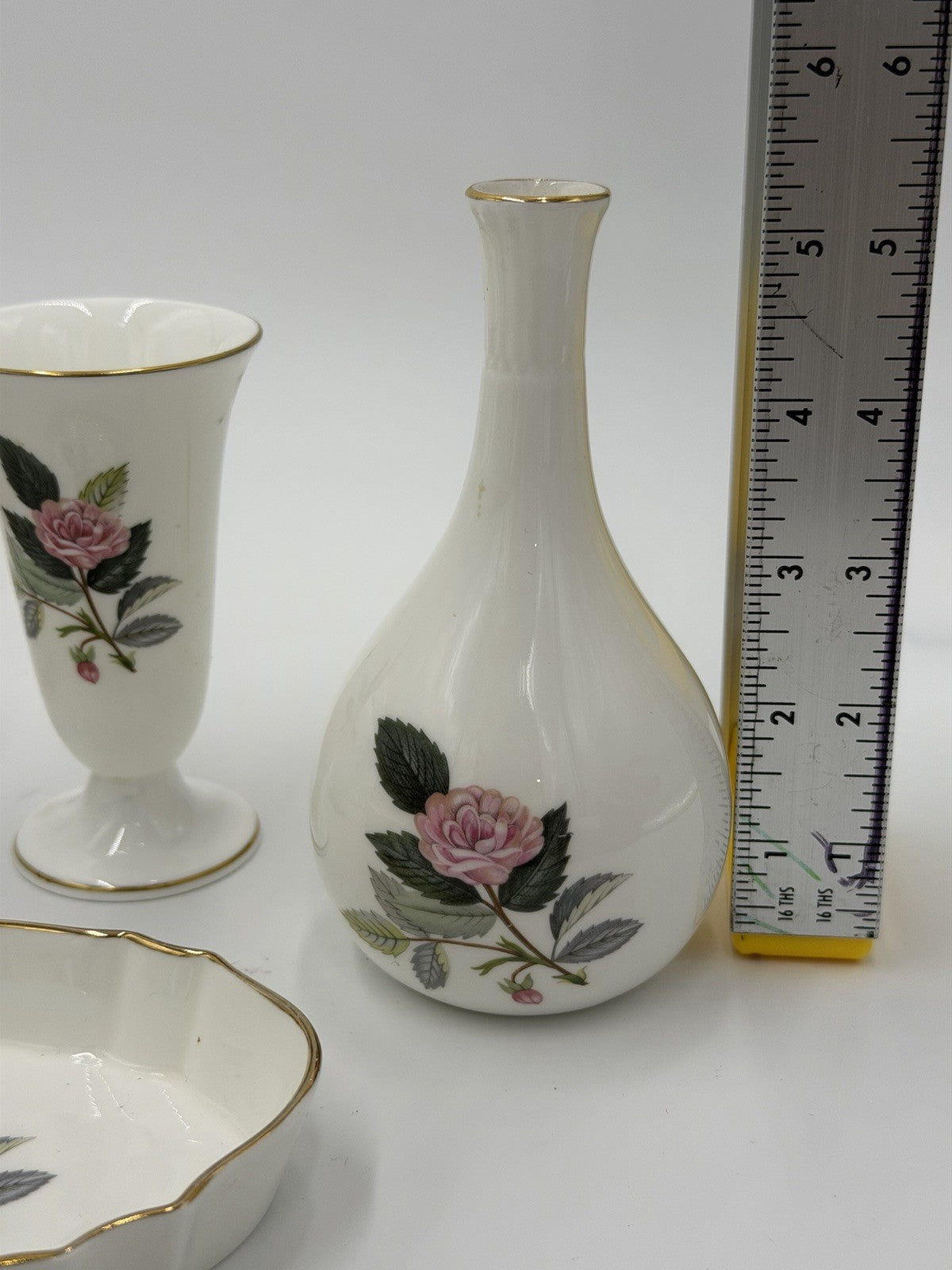 Wedgwood Bone China England Hathaway Rose Lot 7 PCs Vases Trinket Tray