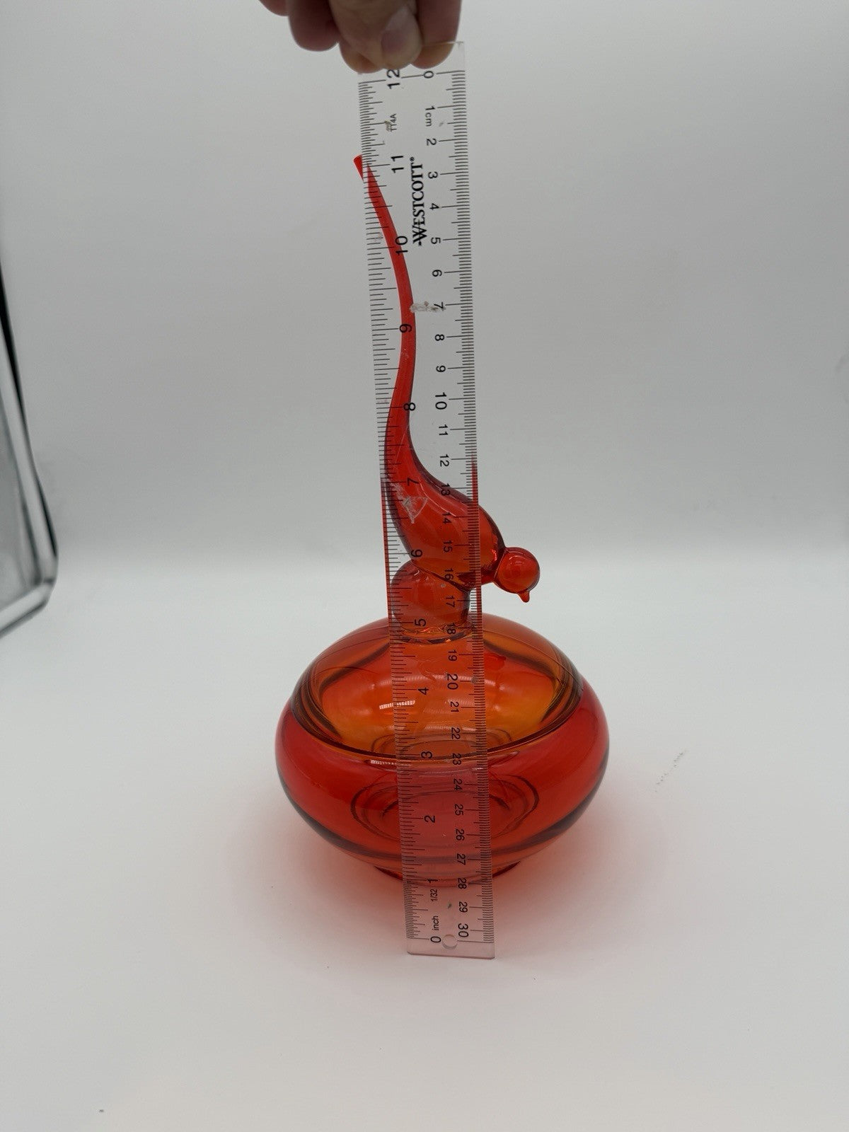 Viking Epic Glass Orange Long Tail Bird Covered Dish Bowl 11”H Large MCM