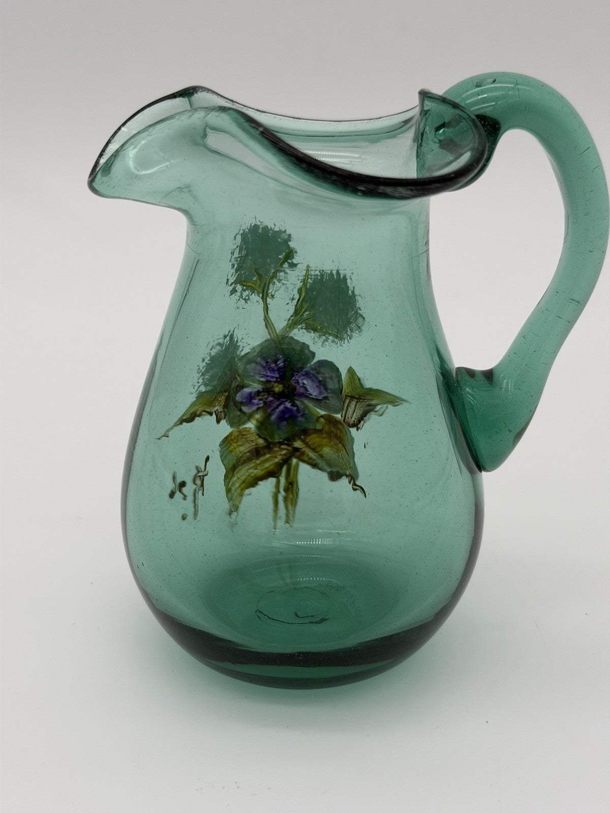 Vintage Joe Deanda Art Glass Pitcher Green Painted Pansies 4.5”H