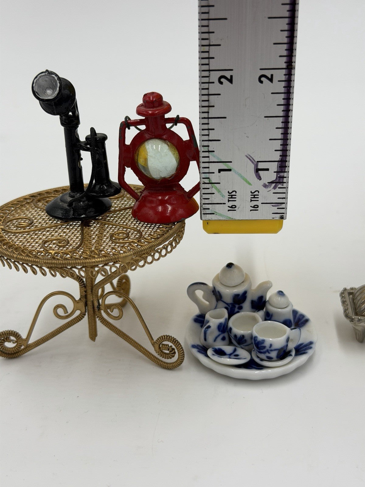 Vintage Dollhouse Furniture Miniature Lot Drawer Bible Clock Tea Set Table