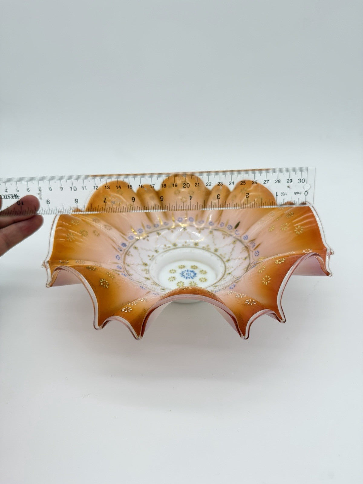 Antique Victorian Wedding Bride Art Glass Peach Ruffled Floral Hand Painted Bowl