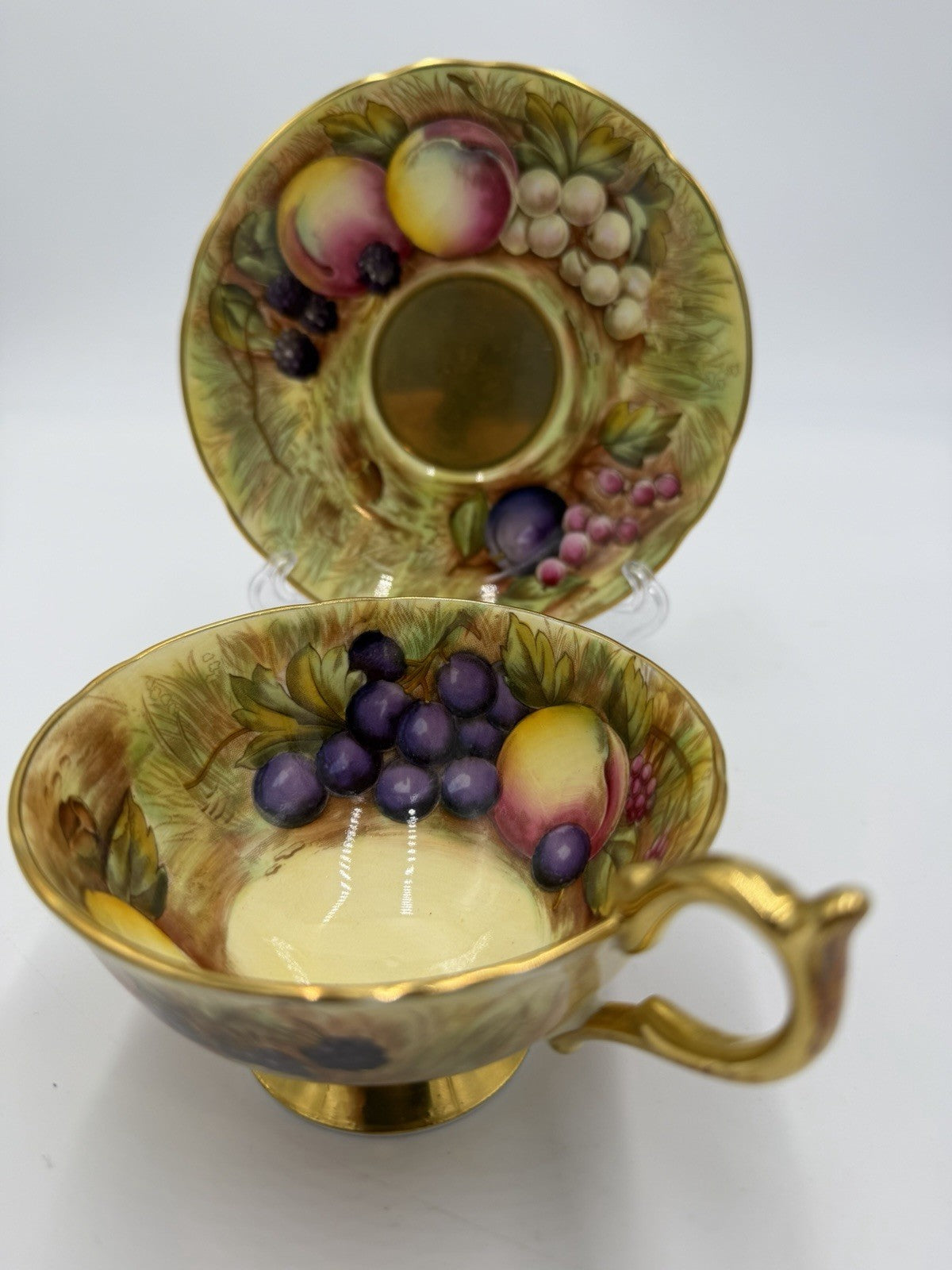 Aynsley England Porcelain Orchard Fruit Gold Teacup & Saucer Vintage Set Gold