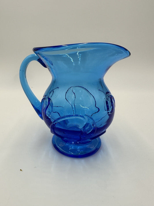 Electric Blue Pitcher Art Glass Hand Blown Floral Pressed Handled Decor Vintage