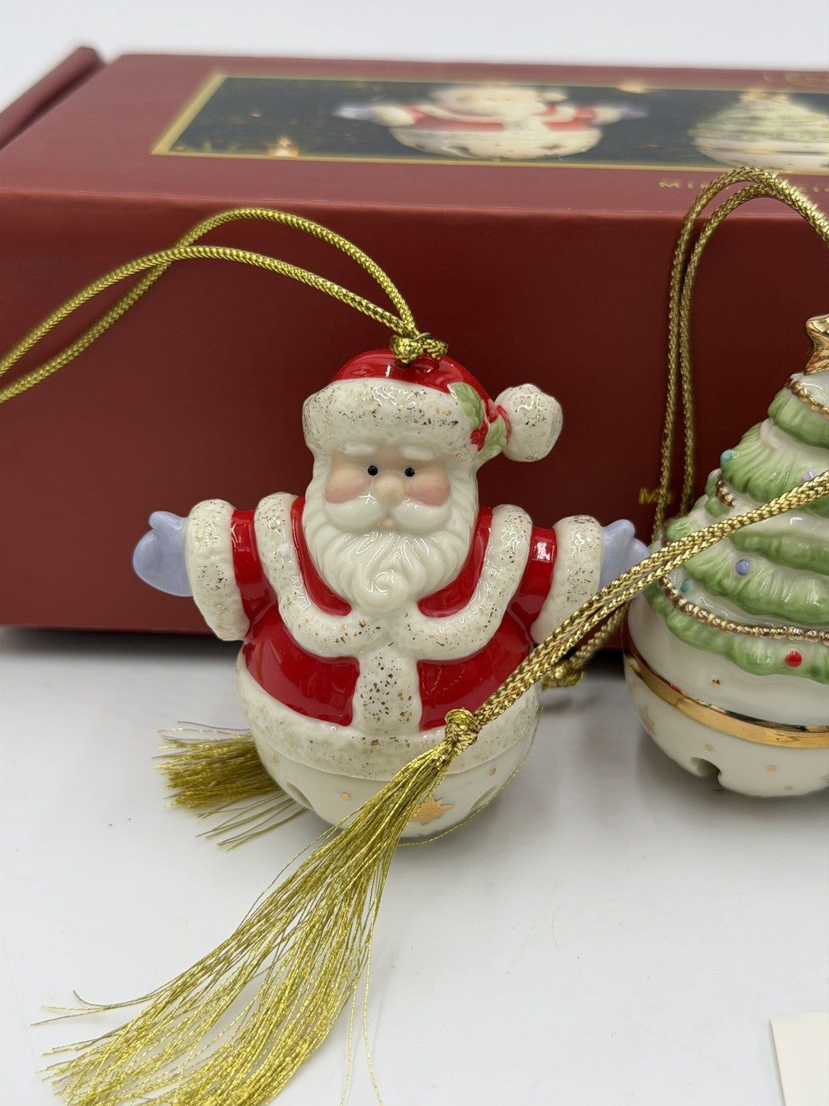 Lenox Porcelain USA Mini Sleigh Bells Ornaments Set Of 4 Reindeer Santa Snowman