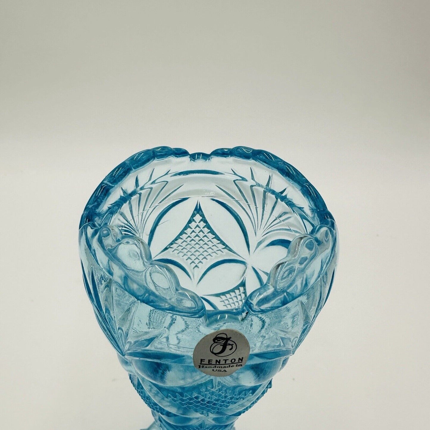 Fenton Art Glass Vase Aqua Blue With Etched Butterfly & Diamond Pattern Vintage