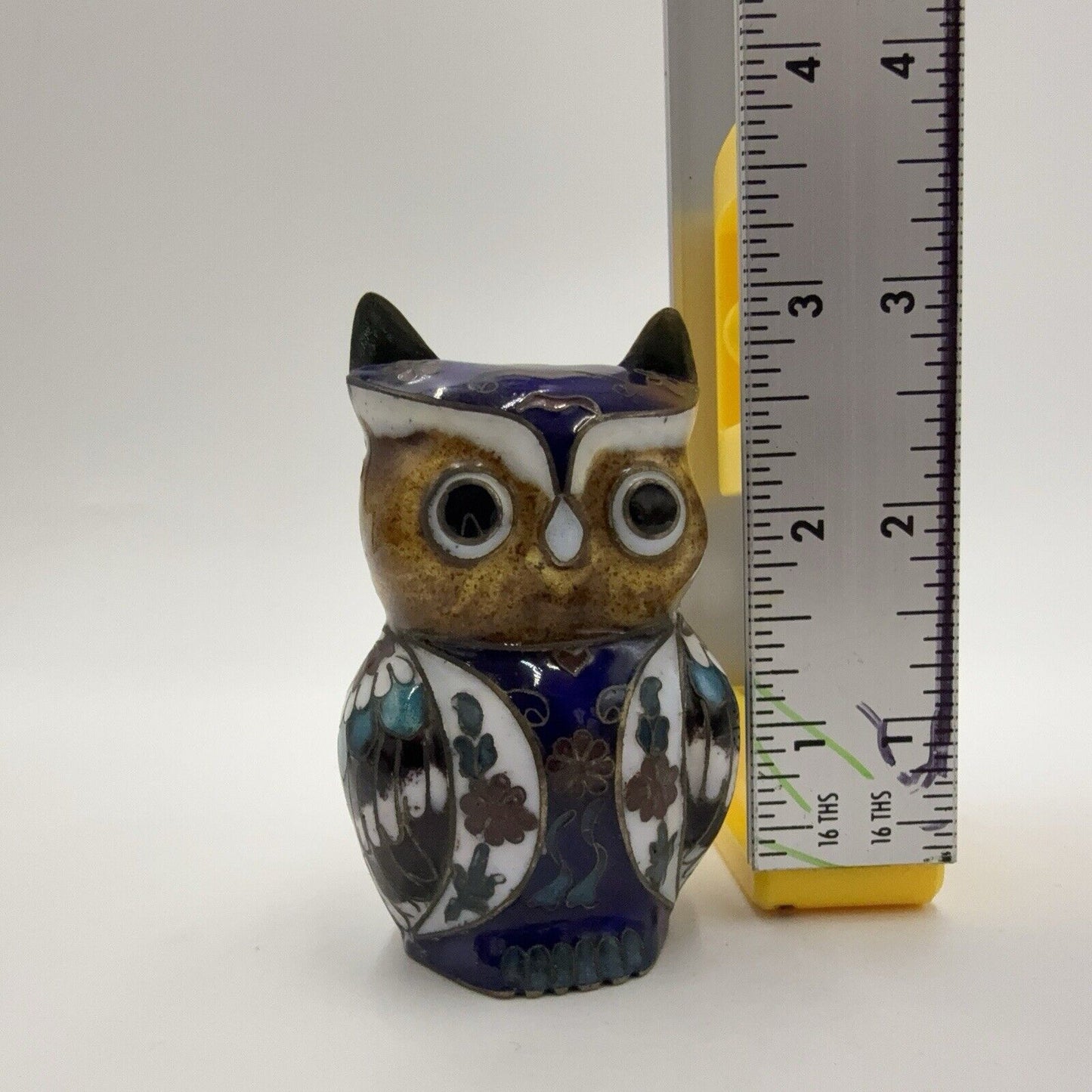 Vintage Cloisonne Chinese Brass Enameled Owl Figurine 3”