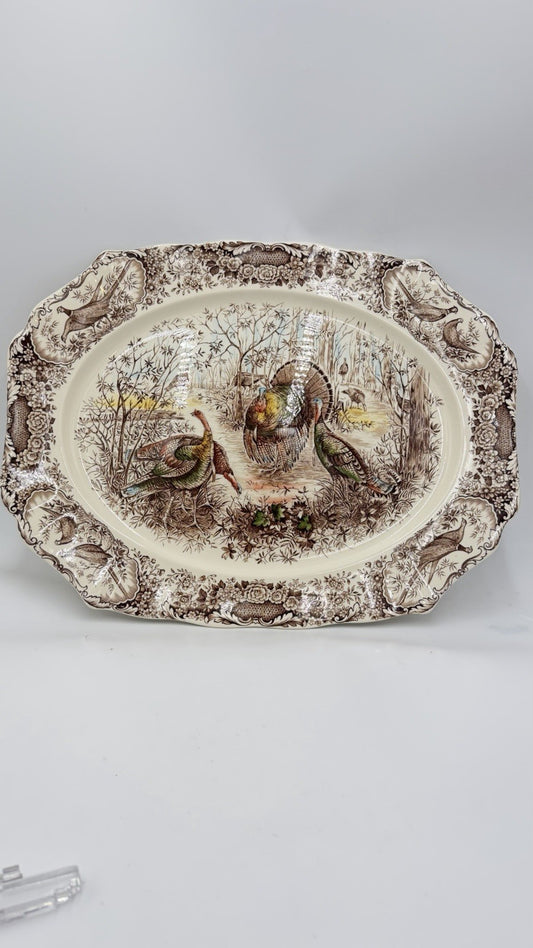 Johnson Bros Windsor Ware Woodland Wild Turkeys Serving Platter Ceramic 20”x16”