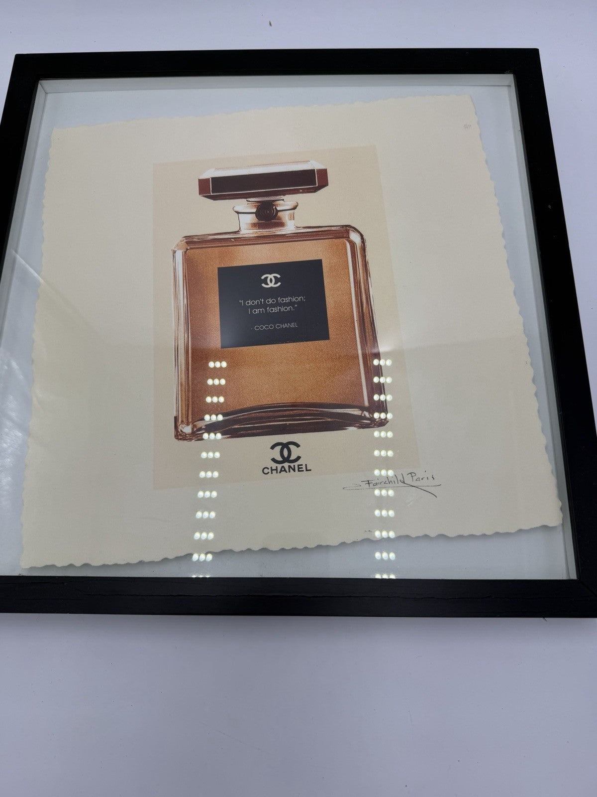 Fairchild Paris Pop Art Print Coco Chanel RM Gold Perfume Bottle Framed 15”x15”