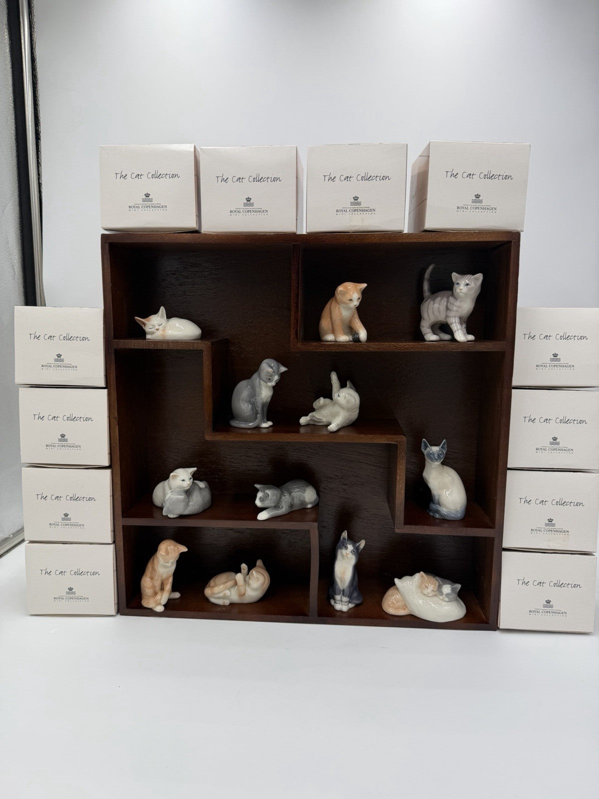 Royal Copenhagen Denmark Porcelain Cat Collection Mini Figurines Wood Shelf