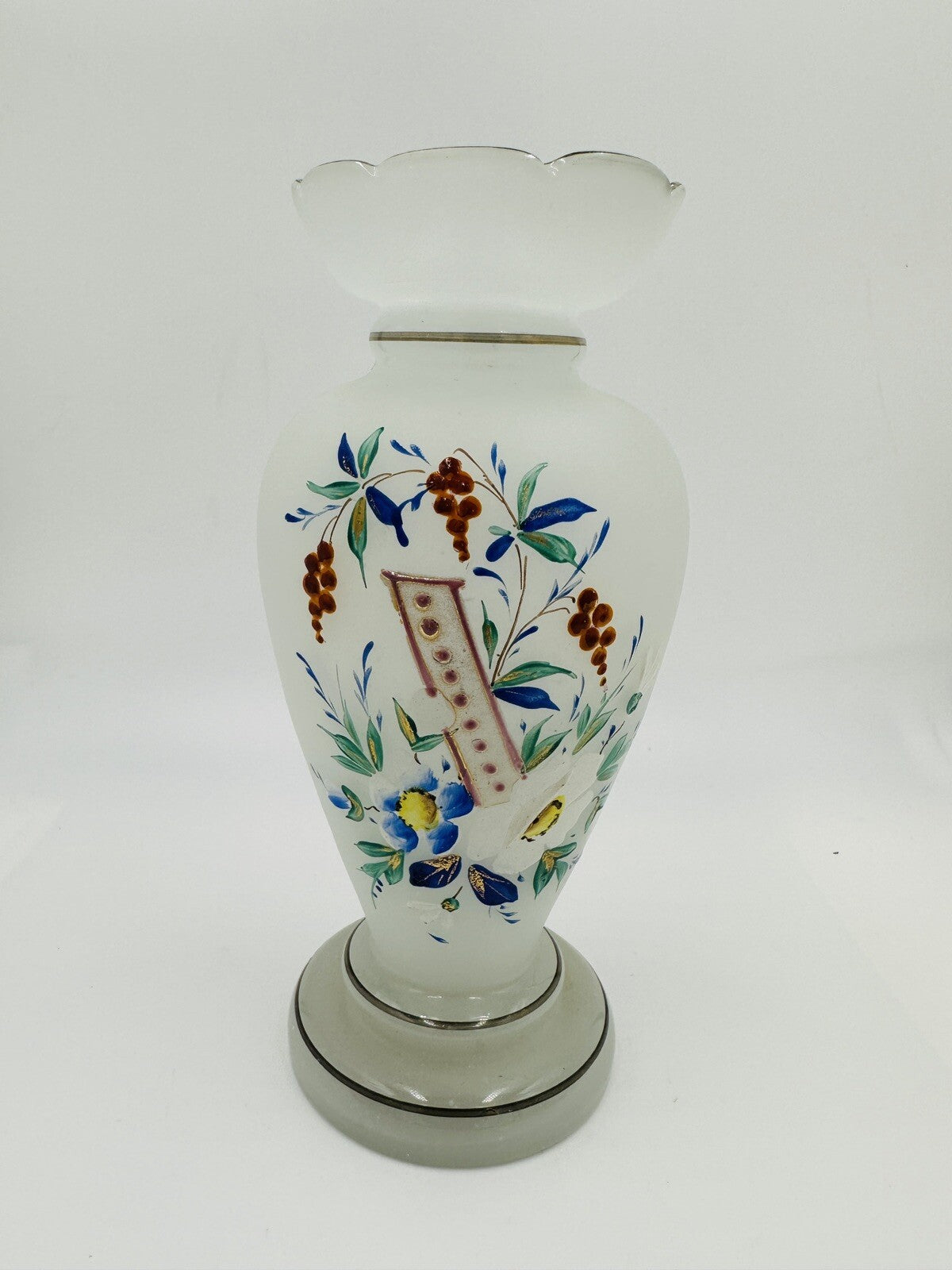 Vase Victorian Bristol Opaline Floral Hand Blown & Hand-Painted on White Decor
