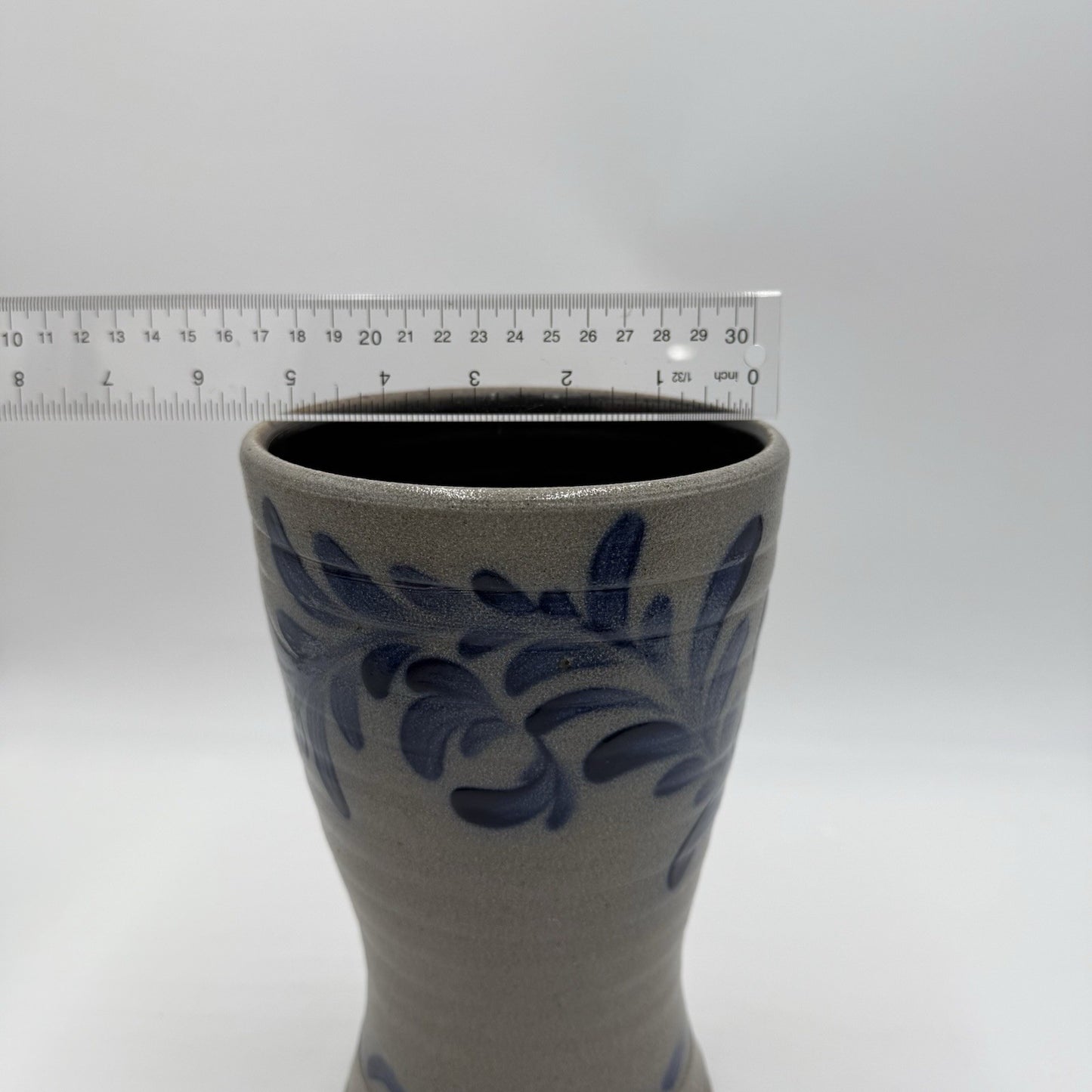 1995 Rowe Pottery Works Stoneware Blue Leaves  Design Salt Glaze Flower Vase 9”