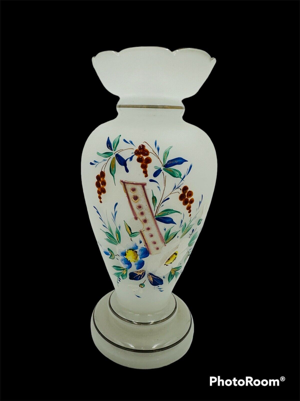 Vase Victorian Bristol Opaline Floral Hand Blown & Hand-Painted on White Decor