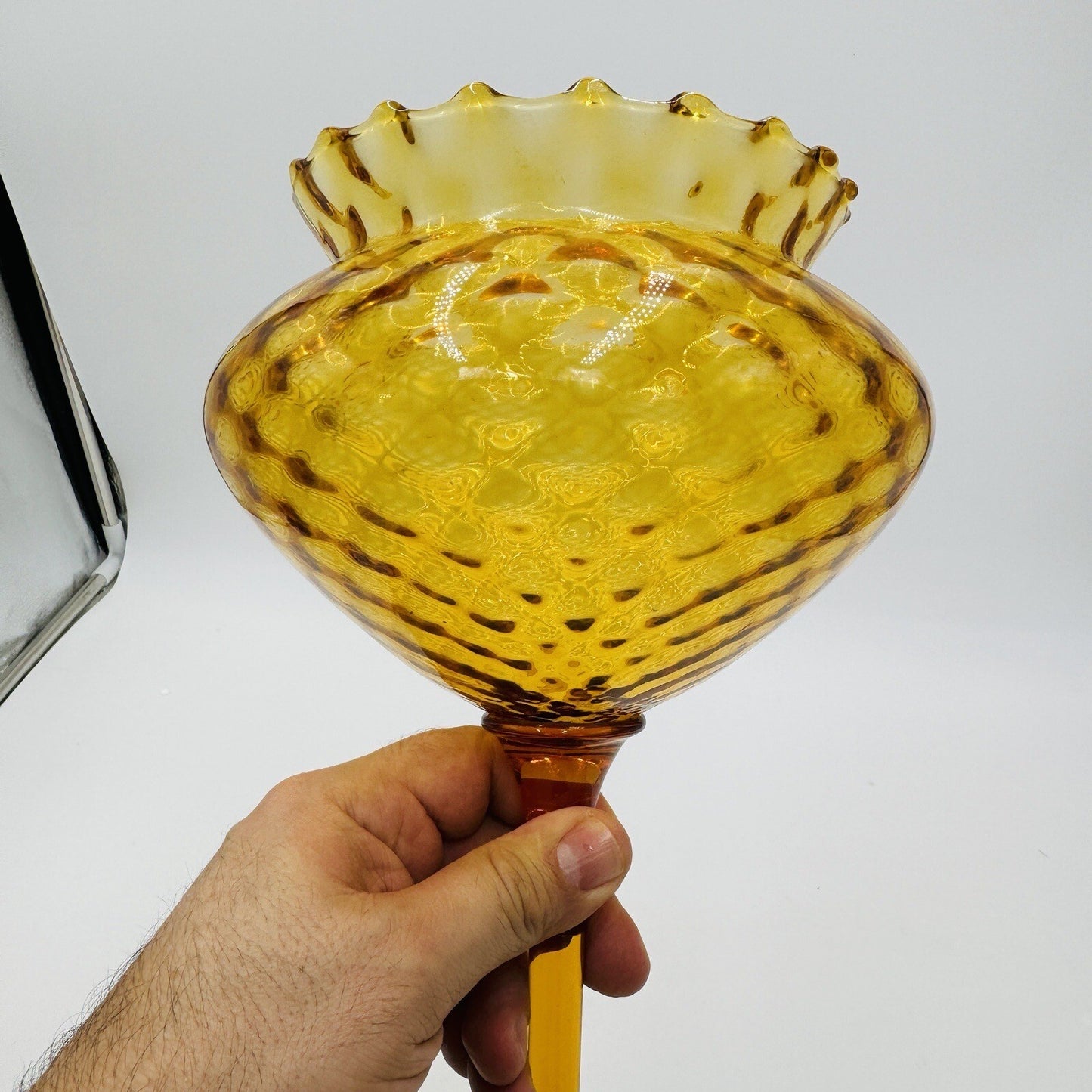 Italian Empoli amber glass diamond optic tall compote 12in