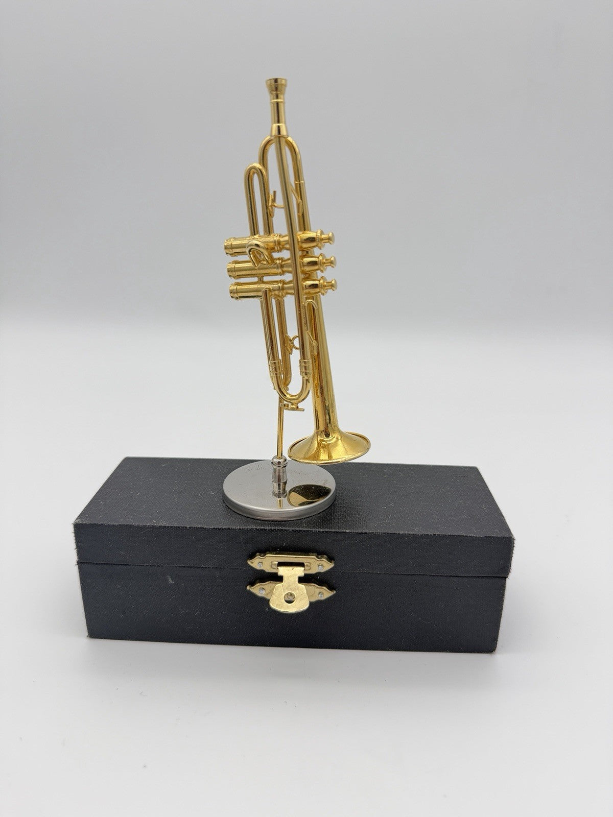 Broadway brand 5” miniature trumpet Instrument Brass figurine W/case & Stand Vtg