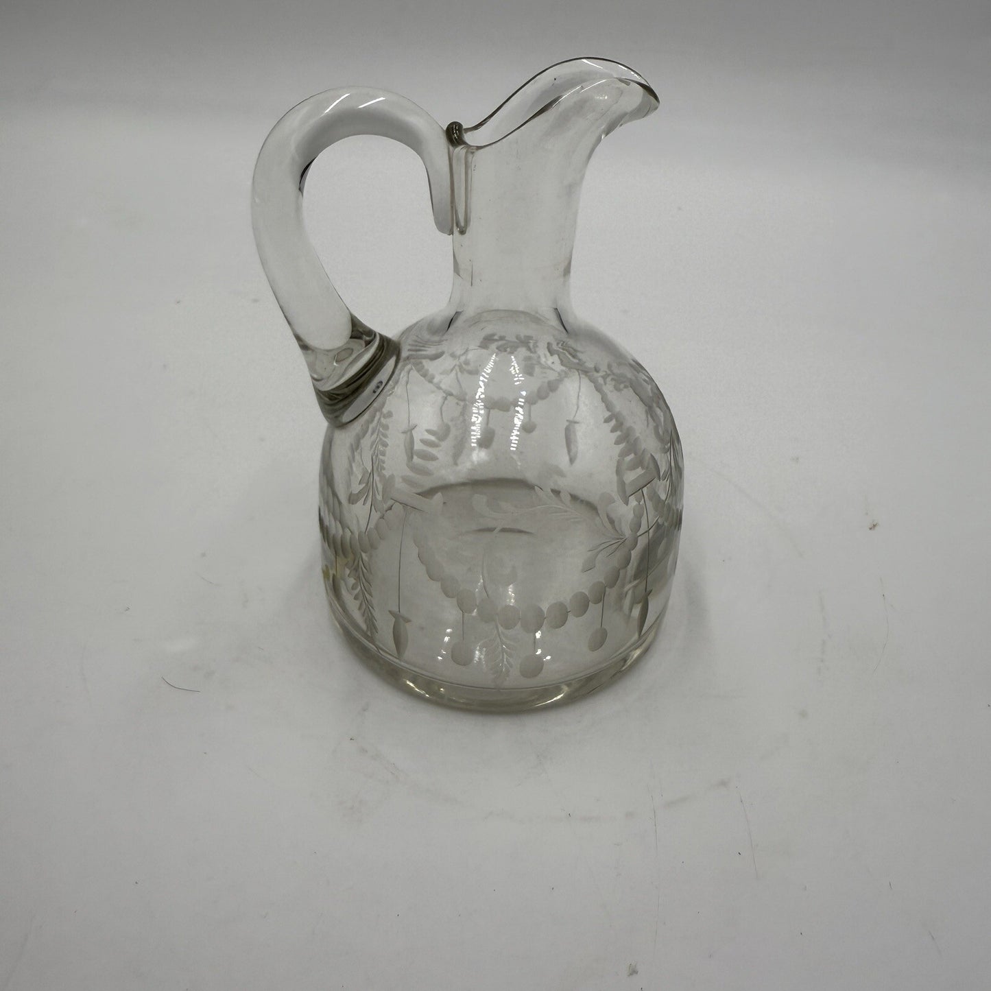 Antique Hawkes Etched Oil & Vinegar pitcher W/ Glass Stopper Rare Signed 5.5in