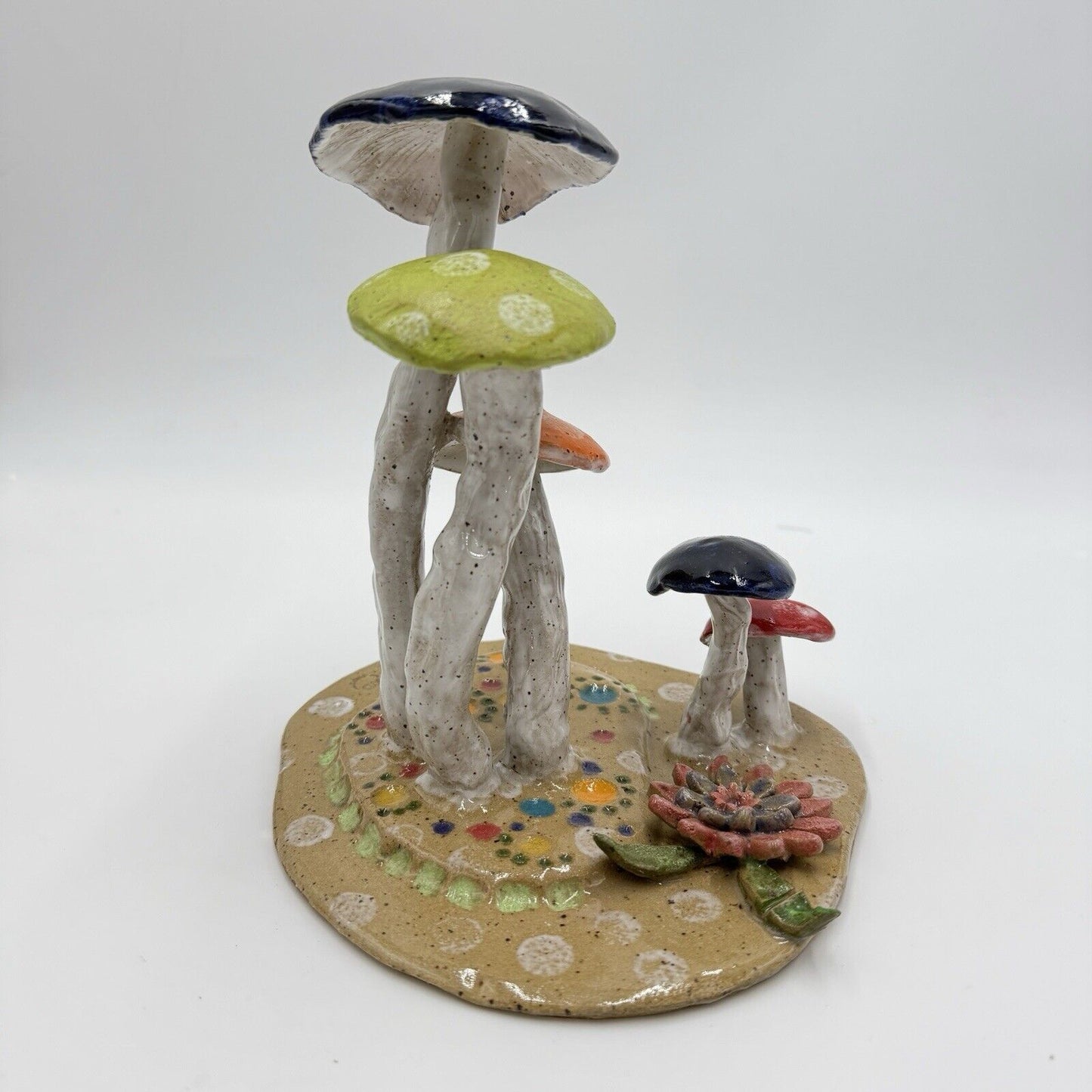 KD Signed Art Pottery Mushrooms Sculpture Studio Crafted Vintage Ceramic Painted