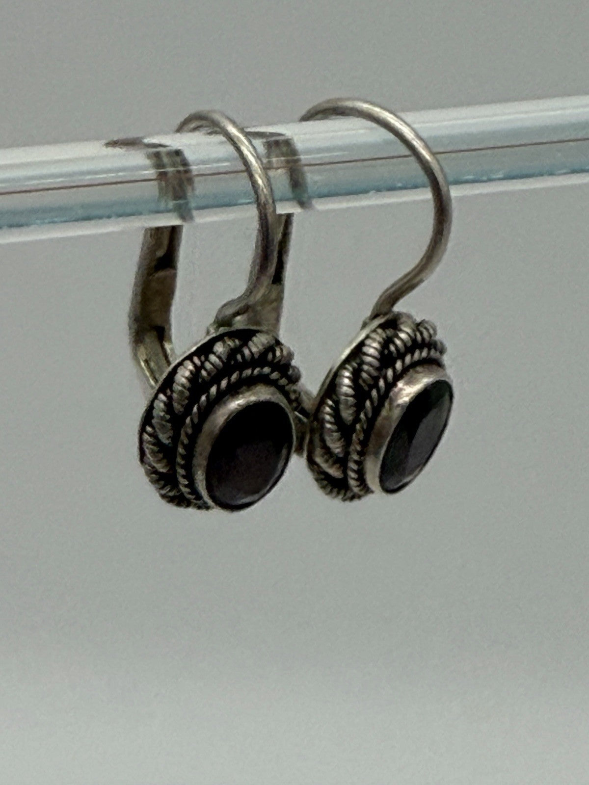Sterling Silver Drop Earrings with Garnet Gems braided filigree halo 925