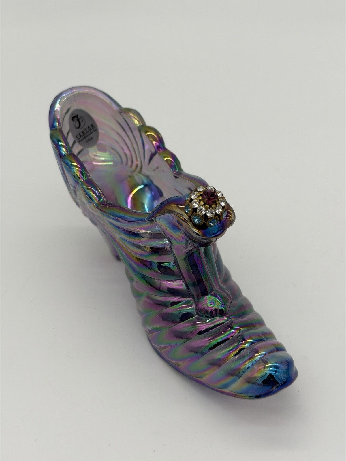 Fenton Carnival Art Glass Amethyst Iridescent Slipper Shoe Cat Head Rhinestone